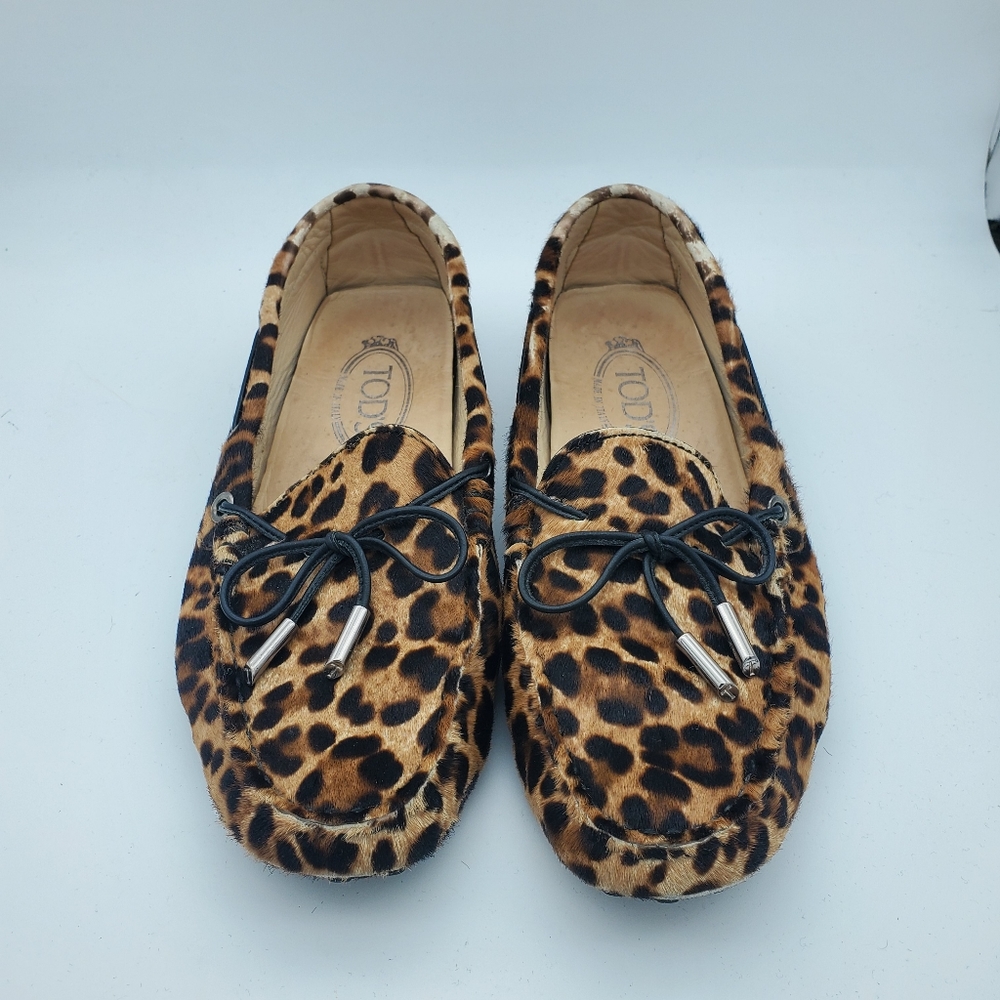 Tod's Leopard Print Calf Hair Bow Driver Loafers Shoes